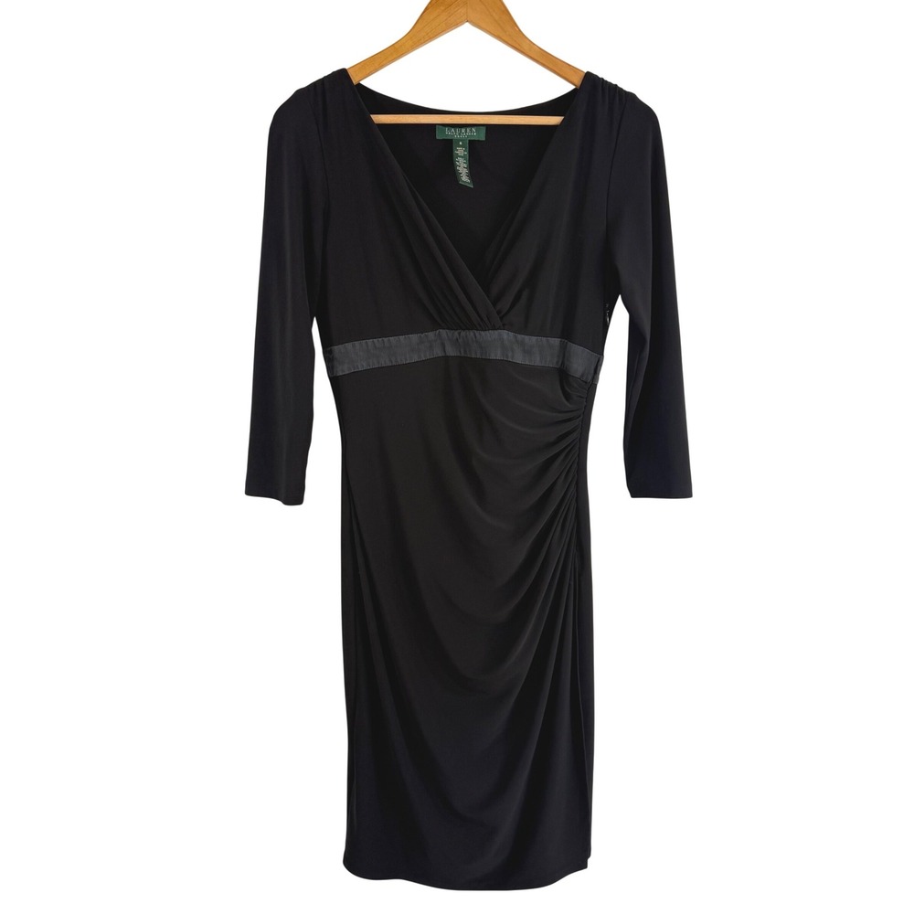 Lauren Ralph Lauren Sheath Dress Black Silk Trim‎ Fauz Wrap Ruched Office LBD 6